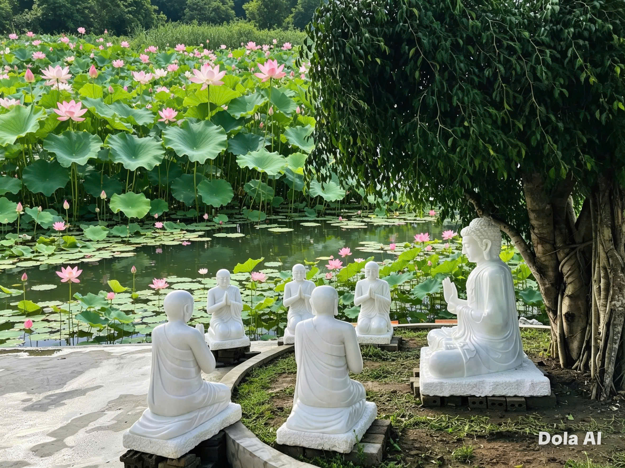 Tượng Phật Đá Bên Đầm Sen